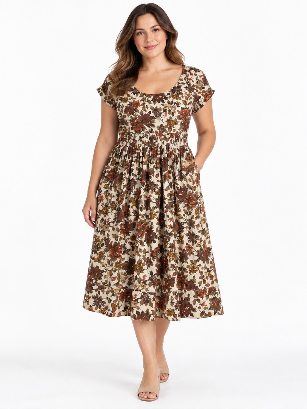 Garnet Hill Midi Dress Size 12 Cream Back Brown Rust Floral Cotton Fit & Flare